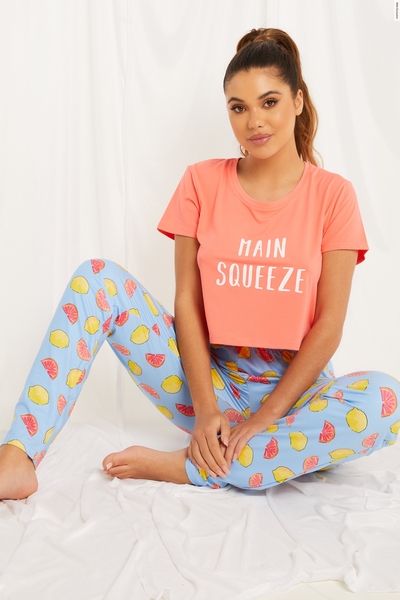 Multicoloured Slogan Long Pyjama Set